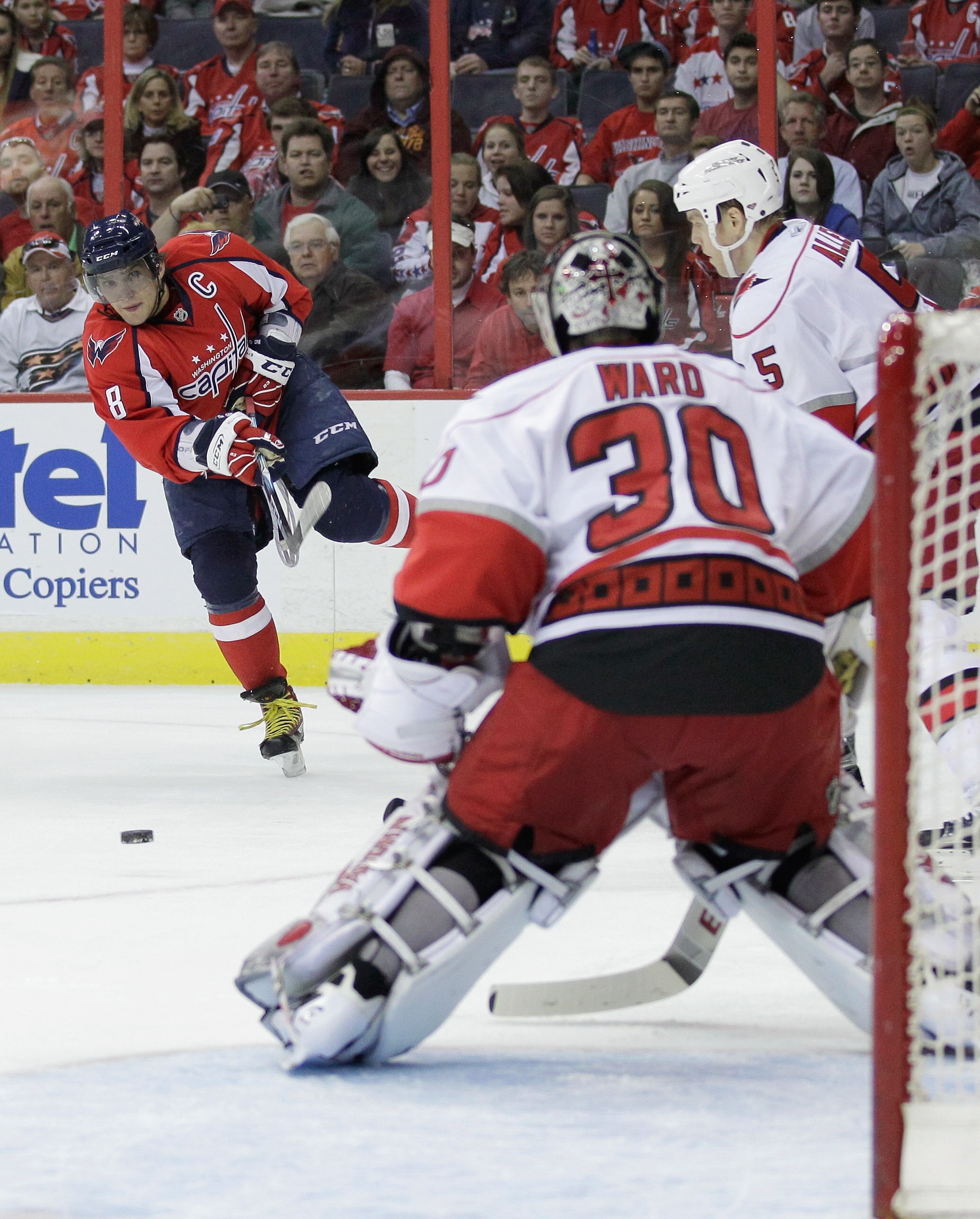 WASHINGTON, DC - MARCH 29:  Alex Ovechkin #8 of the Washington Capitals shoots on goalie Cam Ward #30 of the Carolina Hurricanes during the first period at the Verizon Center on March 29, 2011 in Washington, DC.  (Photo by Rob Carr/Getty Images)