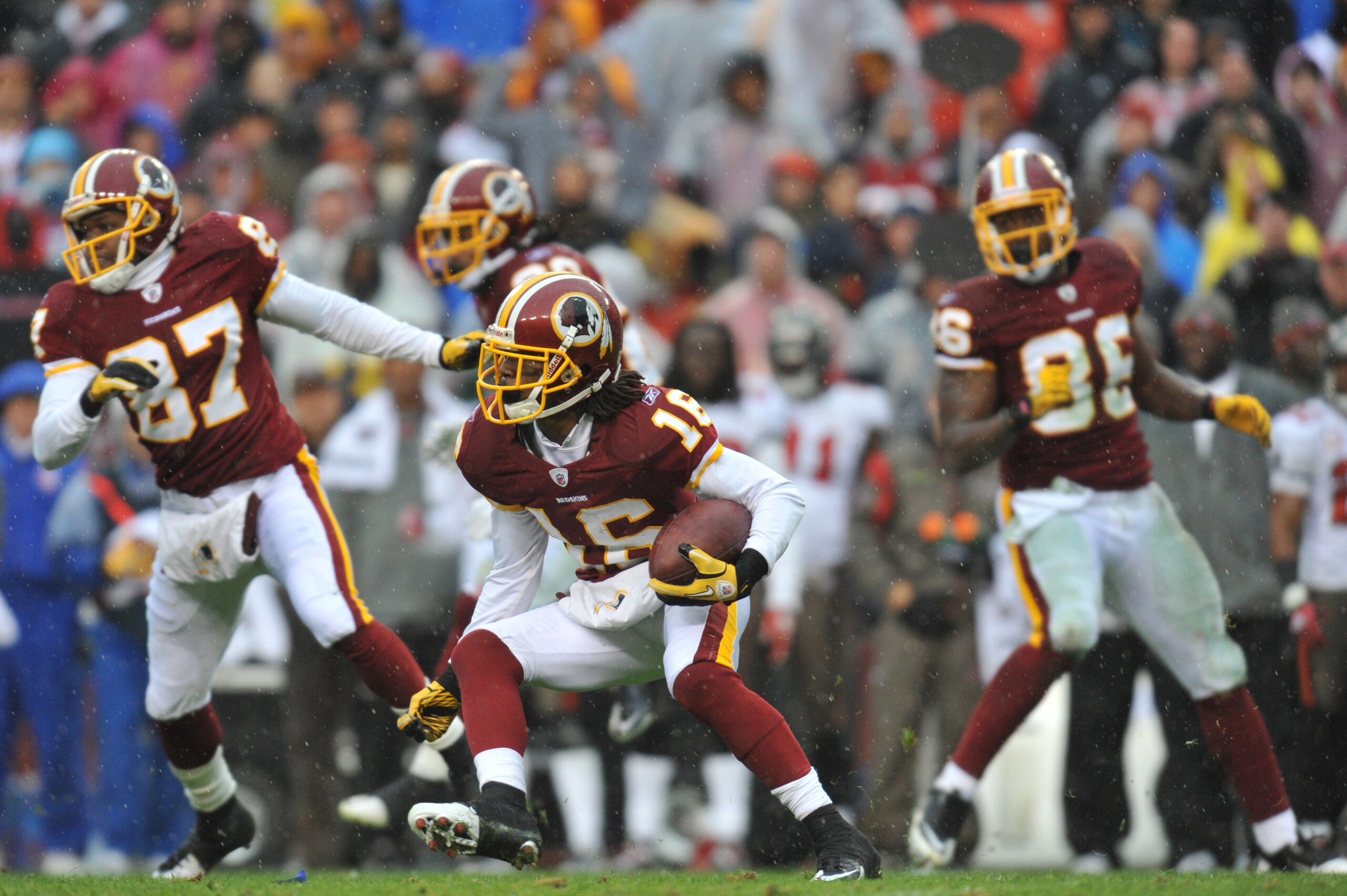 LANDOVER, MD - DECEMBER 12:  Brandon Banks #16 of the Washington Redskins runs the ball during the game against the Tampa Bay Buccaneers  at FedExField on December 12, 2010 in Landover, Maryland. The Buccaneers defeated the Redskins 17-16. (Photo by Larry