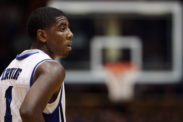 DURHAM, NC - DECEMBER 01:  Kyrie Irving #1 of the Duke Blue Devils watches on during their game against the Michigan State Spartans at Cameron Indoor Stadium on December 1, 2010 in Durham, North Carolina.  (Photo by Streeter Lecka/Getty Images)