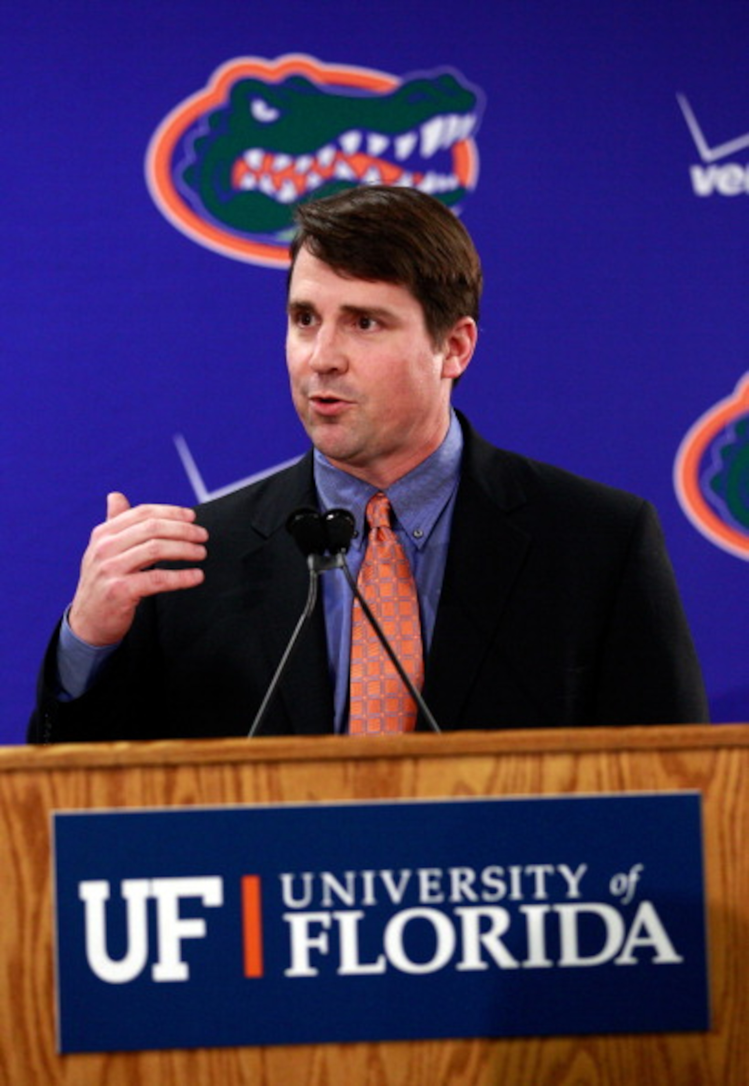 GAINESVILLE, FL - DECEMBER 14:  Former defensive coordinator for the University of Texas, Will Muschamp speaks to the media after being introduced as the head coach of the University of Florida on December 14, 2010 in Gainesville, Florida.  Muschamp is re