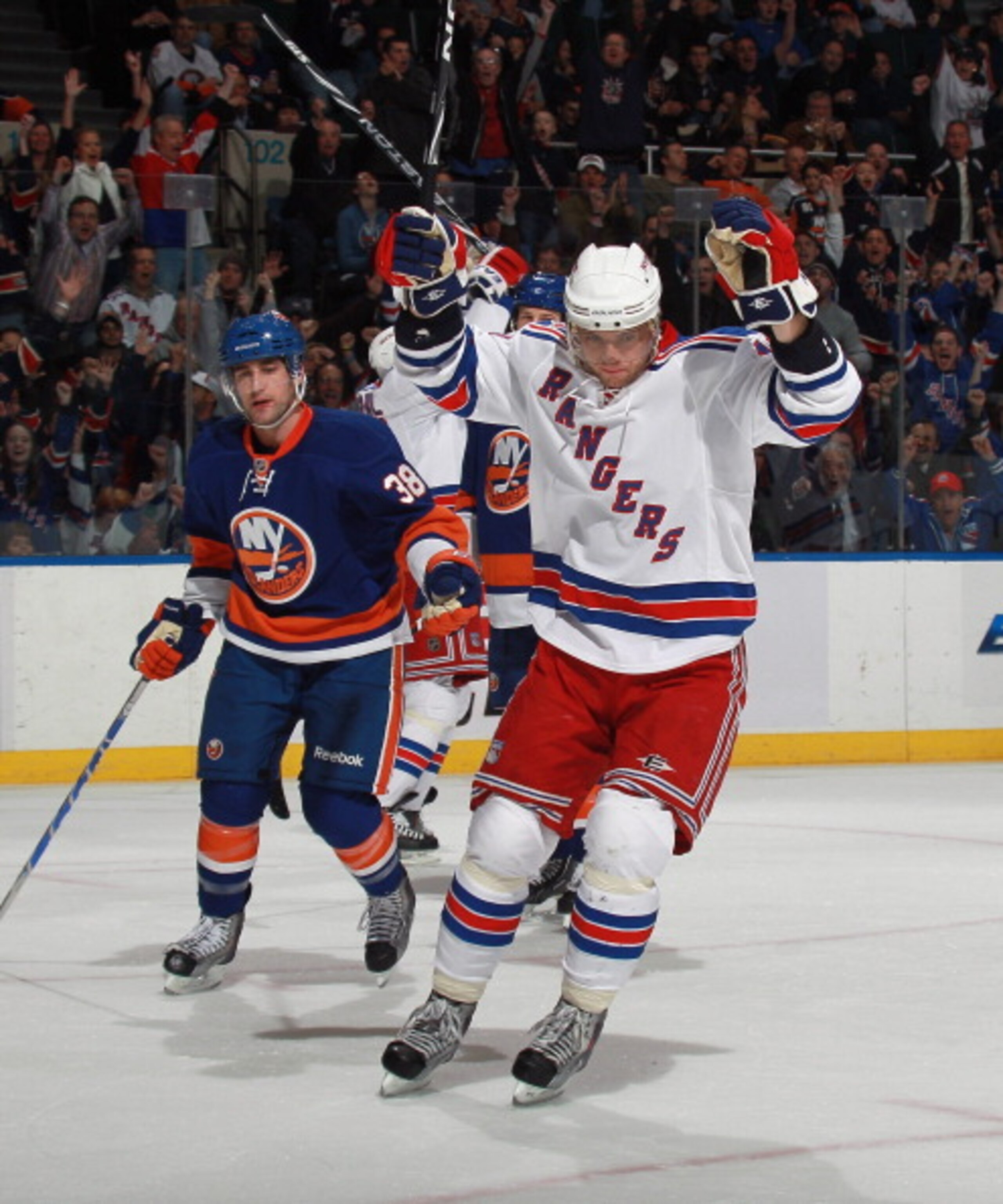 UNIONDALE, NY - MARCH 31: Marian Gaborik #10 of the New York Rangers celebrates a goal by Vaclav Prospal #20 against the New York Islanders at the Nassau Coliseum on March 31, 2011 in Uniondale, New York.  (Photo by Bruce Bennett/Getty Images)