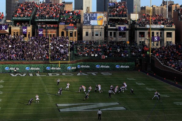 CHICAGO, IL - NOVEMBER 20: A general view looking east toward the end zone that can not be used due to player safetly concerns as the Northwestern Wildcats take on the Illinois Fighting Illini during a game played at Wrigley Field on November 20, 2010 in