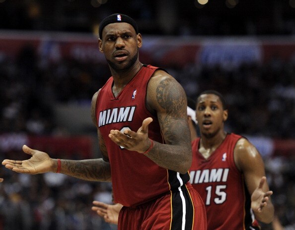 LOS ANGELES, CA - JANUARY 12:  LeBron James #6 and Mario Chalmers #15 of the Miami Heat complain for a call from the officials against the Los Angeles Clippers at Staples Center on January 12, 2011 in Los Angeles, California.  NOTE TO USER: User expressly