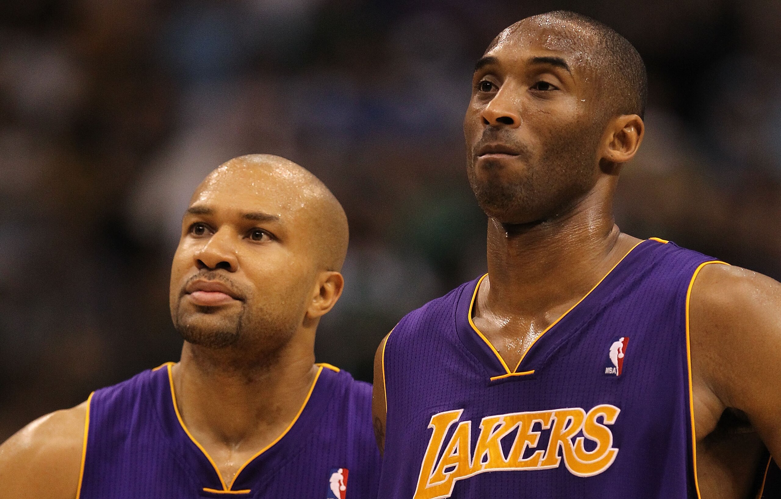 DALLAS, TX - MARCH 12:  Derek Fisher #2 and Kobe Bryant #24 of the Los Angeles Lakers at American Airlines Center on March 12, 2011 in Dallas, Texas.  NOTE TO USER: User expressly acknowledges and agrees that, by downloading and or using this photograph,