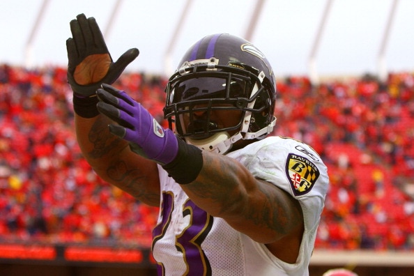 KANSAS CITY, MO - JANUARY 09:  Running back Willis McGahee #23 of the Baltimore Ravens celebrates after scoring a touchdown in the fourth quarter of the 2011 AFC wild card playoff game against the Kansas City Chiefs at Arrowhead Stadium on January 9, 2011
