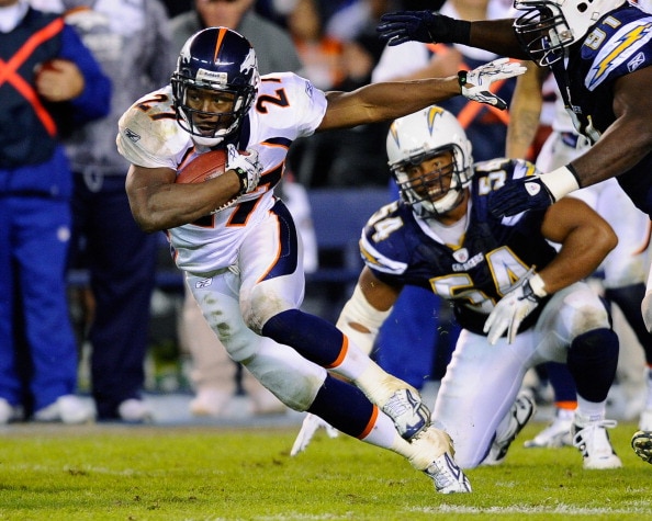 SAN DIEGO - NOVEMBER 22:  Knowshon Moreno #27 of the Denver Broncos rushes against the San Diego Chargers at Qualcomm Stadium on November 22, 2010 in San Diego, California. Chargers defeated the Broncos 35-14.  (Photo by Kevork Djansezian/Getty Images)