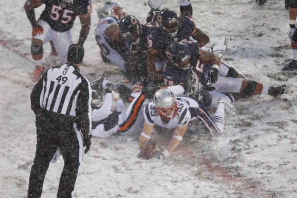 CHICAGO, IL - DECEMBER 12: Danny Woodhead #39 of the New England Patriots scores a touchdown as he crosses the goal line against the Chicago Bears at Soldier Field on December 12, 2010 in Chicago, Illinois. The Patriots defeated the Bears 36-7. (Photo by