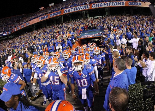 GAINESVILLE, FL - NOVEMBER 13:  The Florida Gators enter the field during a game against the South Carolina Gamecocks at Ben Hill Griffin Stadium on November 13, 2010 in Gainesville, Florida.  (Photo by Mike Ehrmann/Getty Images)