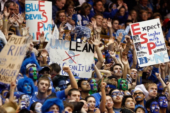DURHAM, NC - FEBRUARY 09:  Cameron Crazies heckle the North Carolina Tar Heels during their game at Cameron Indoor Stadium on February 9, 2011 in Durham, North Carolina.  (Photo by Streeter Lecka/Getty Images)