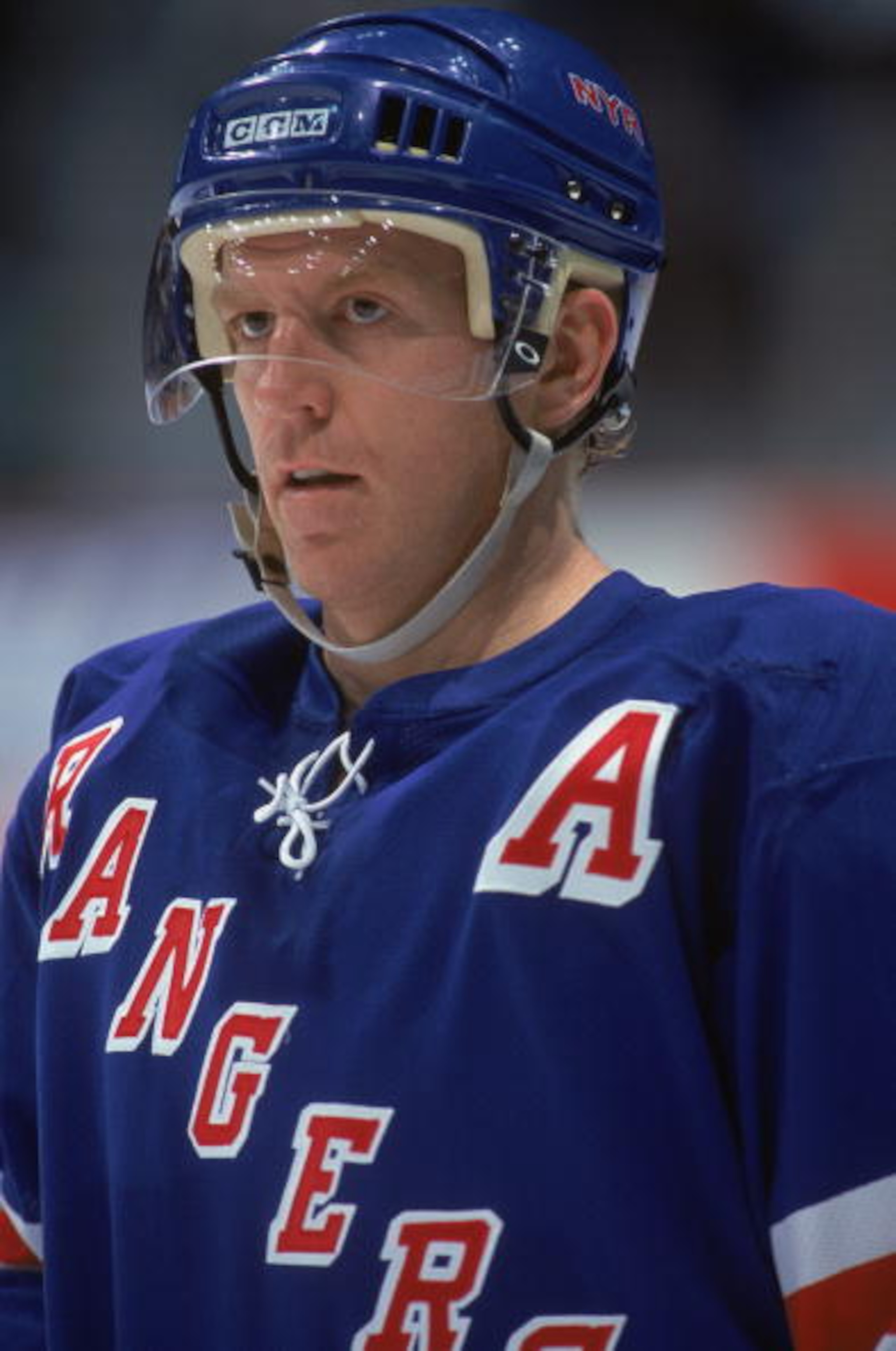 CALGARY- NOVEMBER 14: Brian Leetch #2 of the New York Rangers looks to the action during the game against the Calgary Flames at the Pengrowth Saddledome on November 14, 2002 in Calgary, Alberta, Canada. The Rangers defeated the Flames 2-1. Photo by: Ian CALGARY- NOVEMBER 14: Brian Leetch #2 of the New York Rangers looks to the action during the game against the Calgary Flames at the Pengrowth Saddledome on November 14, 2002 in Calgary, Alberta, Canada. The Rangers defeated the Flames 2-1. Photo by: Ian