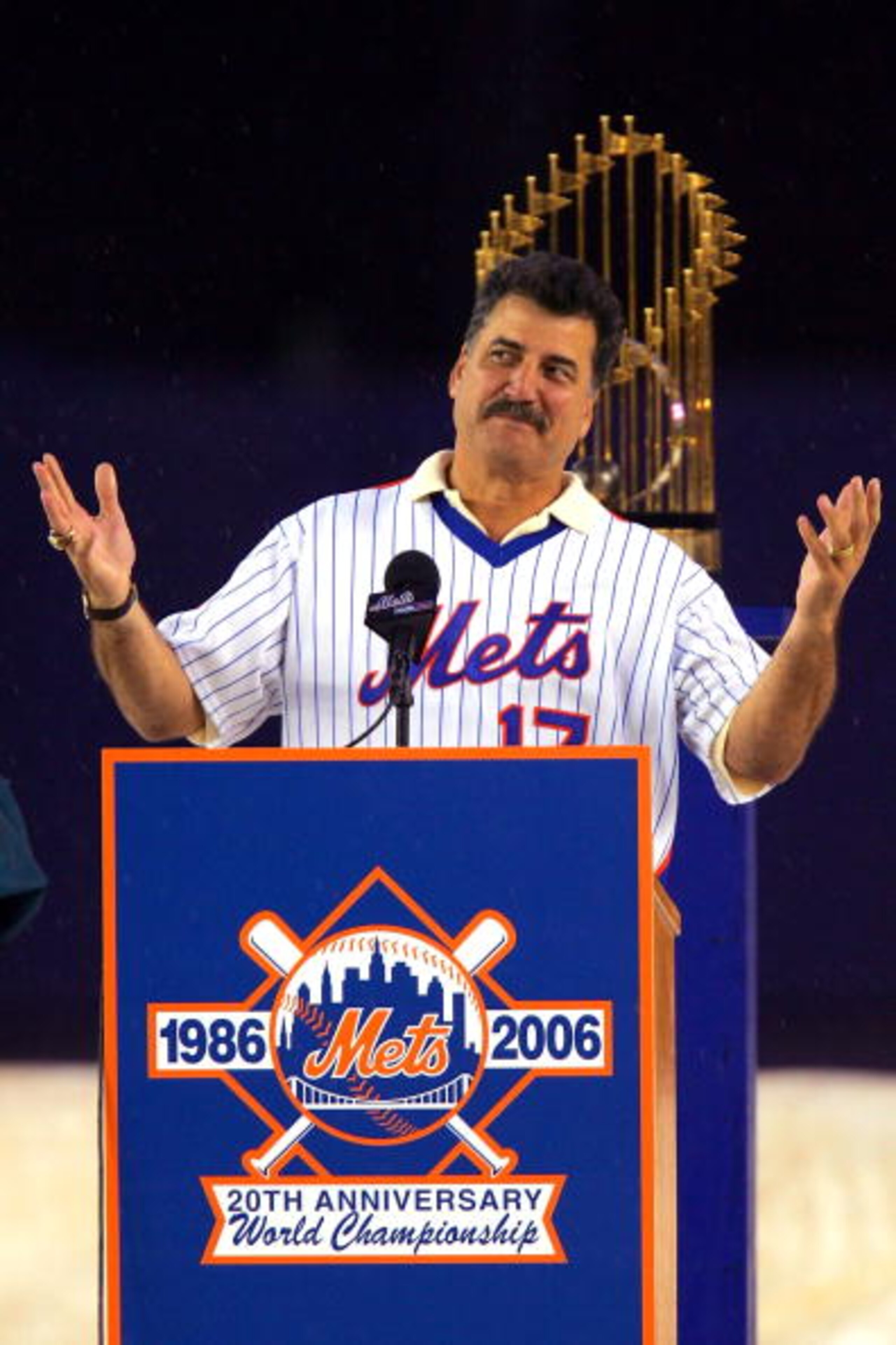NEW YORK - AUGUST 19:  Keith Hernandez a member of the 1986 New York Mets speaks during a tribute to mark the 20th Anniversary of their World Series win, before the New York Mets played the Colorado Rockies at Shea Stadium August 19, 2006 in the Queens bo