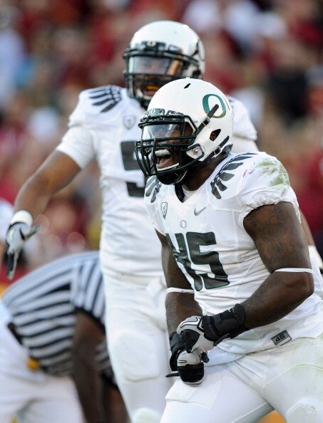 LOS ANGELES, CA - OCTOBER 30:  Terrell Turner #45 of the Oregon Ducks reacts to his sack against the USC Trojans during the second quarter at Los Angeles Memorial Coliseum on October 30, 2010 in Los Angeles, California.  (Photo by Harry How/Getty Images)