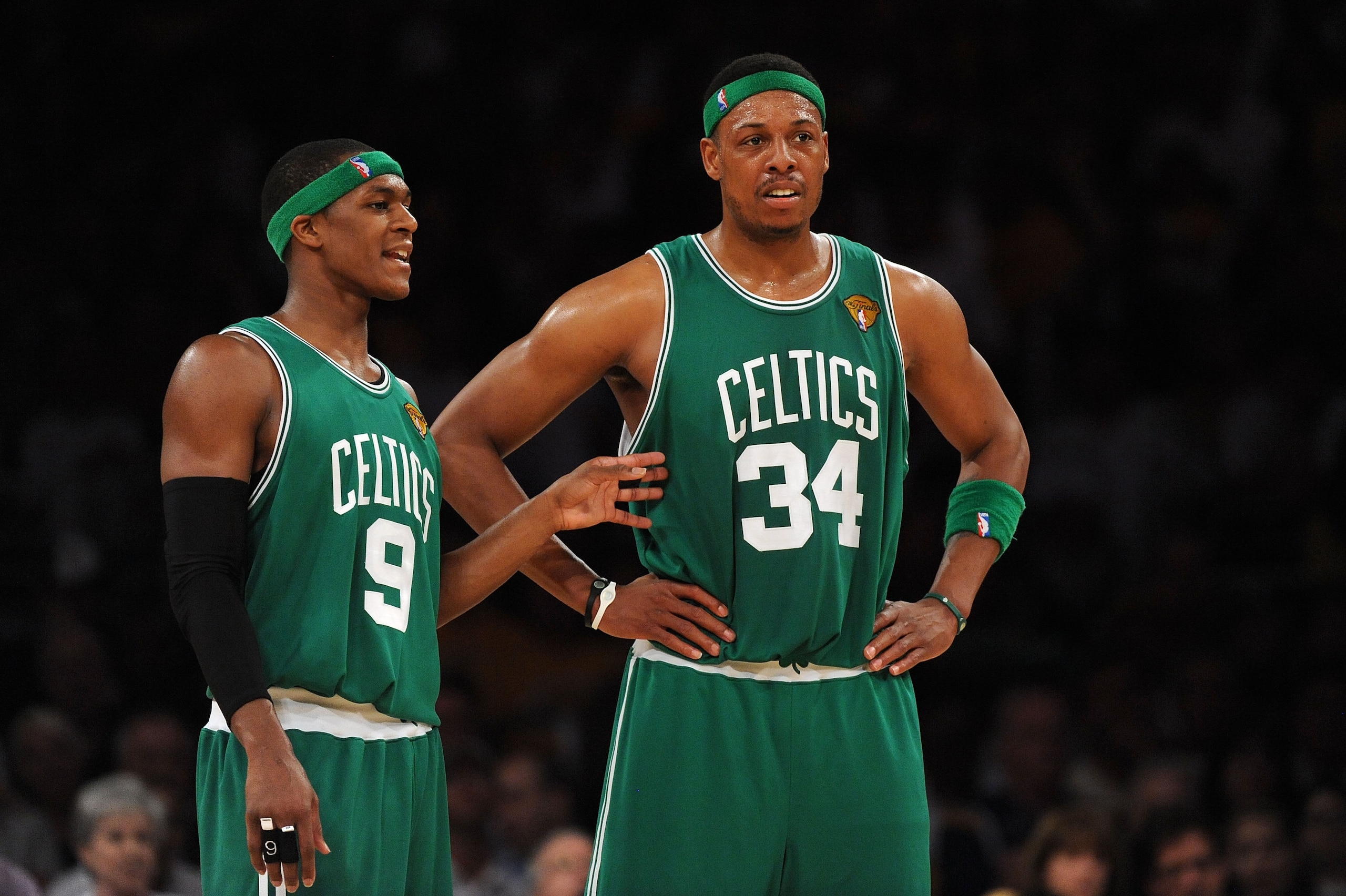 LOS ANGELES, CA - JUNE 06:  (L-R) Rajon Rondo #9 and Paul Pierce #34 of the Boston Celtics talk on court in the first half against the Los Angeles Lakers in Game Two of the 2010 NBA Finals at Staples Center on June 6, 2010 in Los Angeles, California. NOTE