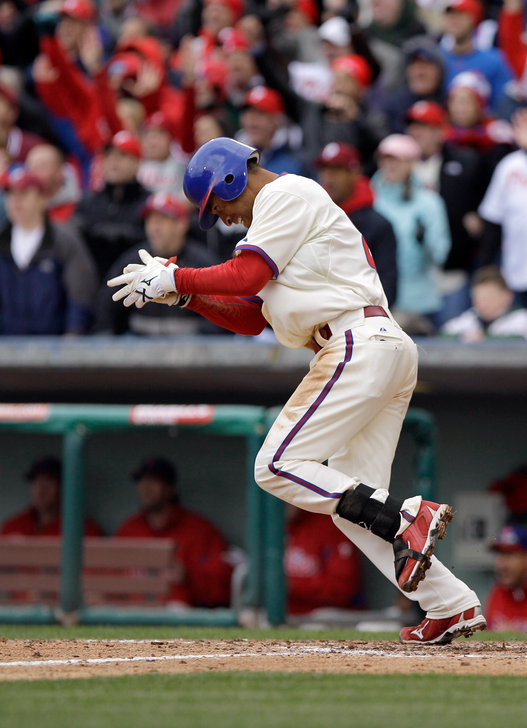 PHILADELPHIA, PA - APRIL 01: Wilson Valdez #21 of the Philadelphia Phillies reacts after getting a hit   during opening day at Citizens Bank Park against the Houston Astros on April 1, 2011 in Philadelphia, Pennsylvania.  (Photo by Rob Carr/Getty Images)
