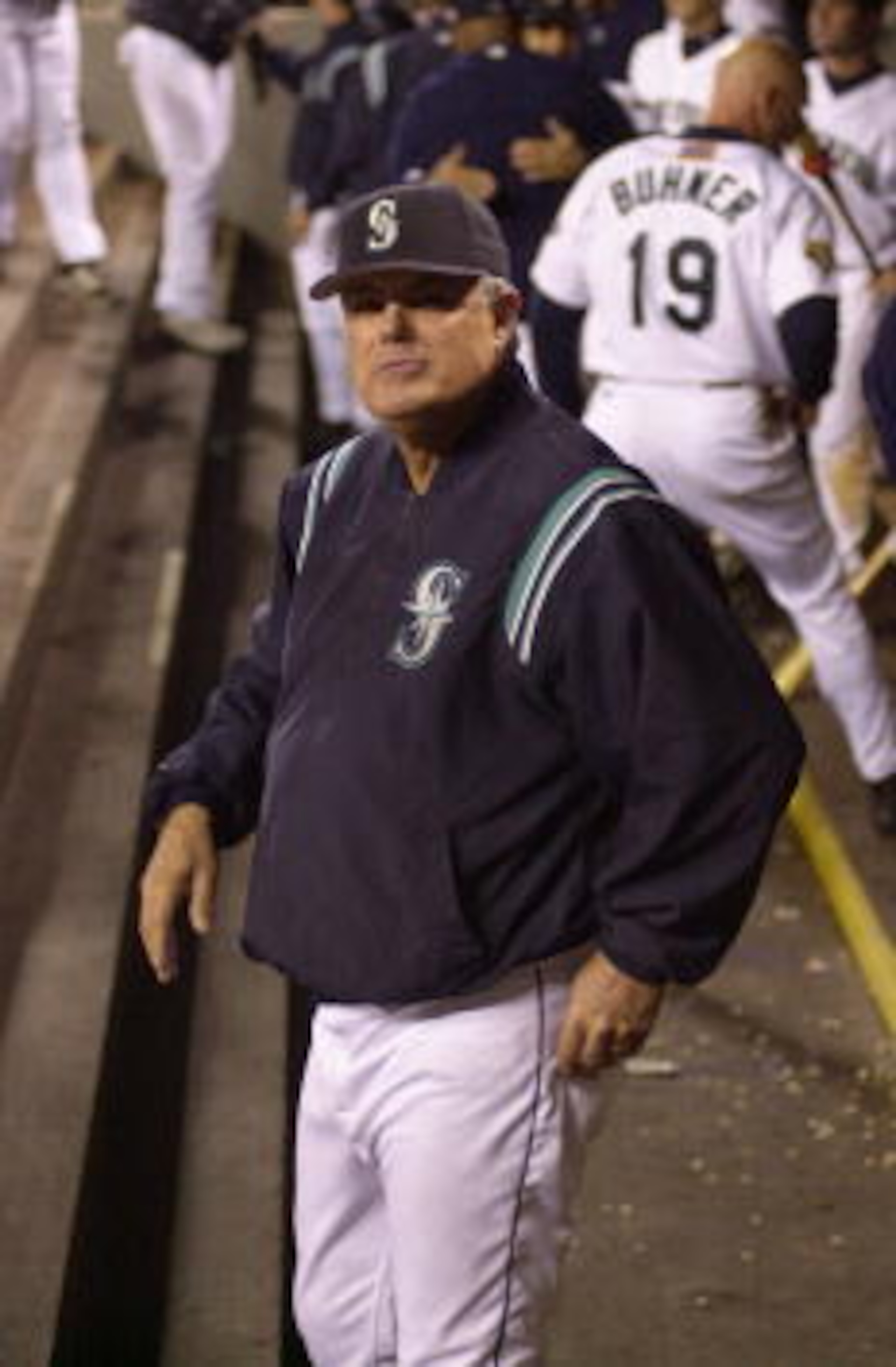19 Sep 2001 : Manager Lou Pinella of the Seattle Mariners stands in the dugout during the game against the Anaheim Angels at Safeco Field in Seattle, Washington. The Mariners won 5-0. DIGITAL IMAGE. Mandatory Credit : Otto Greule /Allsport