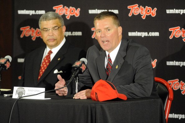 COLLEGE PARK, MD - JANUARY 3:  Randy Edsall speaks as he is introduced as the University of Maryland Terps new head football coach as Athletic Director Kevin Anderson (L) of the University of Maryland looks on during a press conference on January 3, 2011