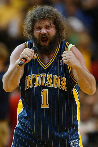 INDIANAPOLIS - MAY 24:  Survivor cast away Rupert Boneham fires up the crowd in the fourth quarter of the game between the Detroit Pistons and the Indiana Pacers in Game two of the Eastern Conference Finals during the 2004 NBA Playoffs at Conseco Fieldhou