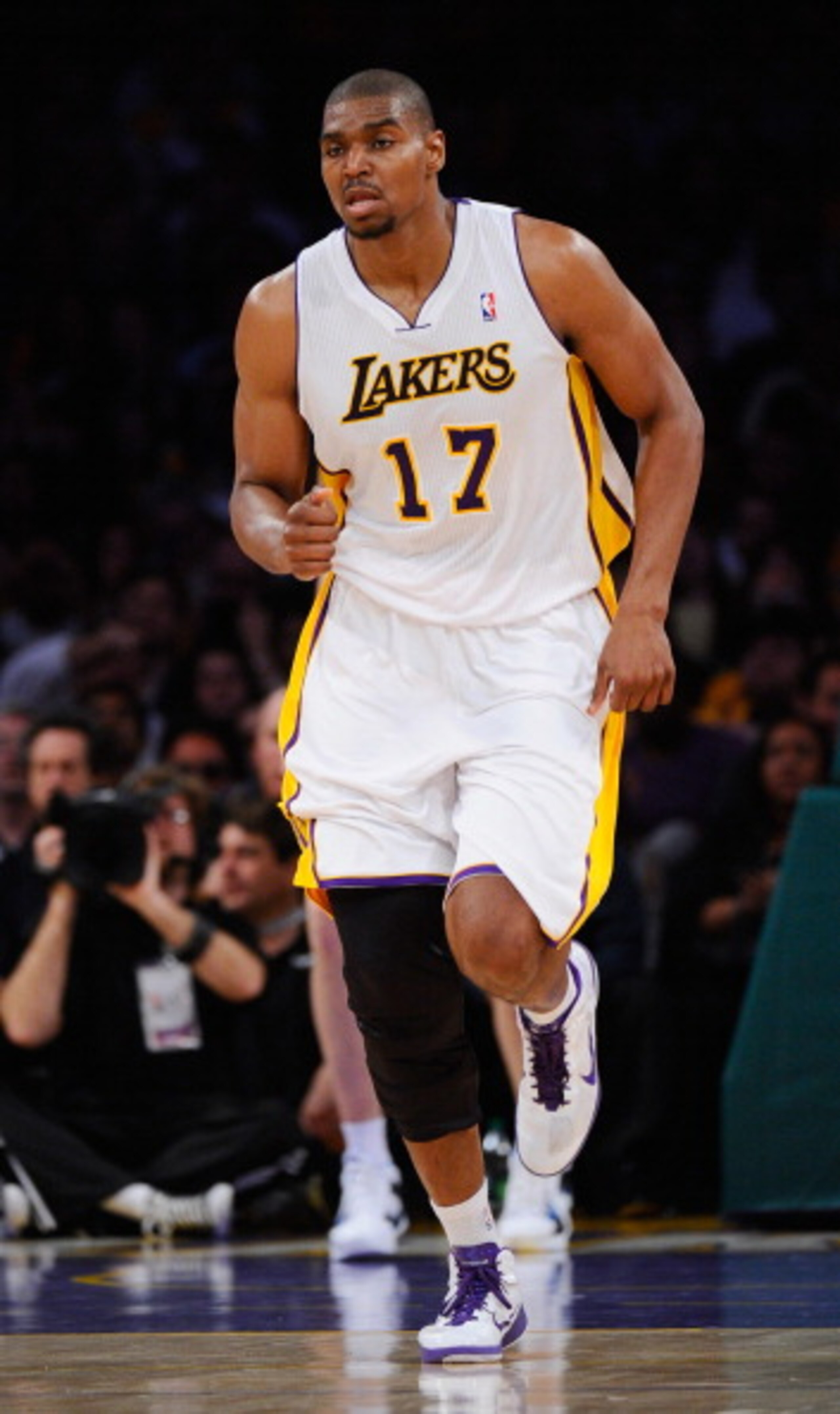 LOS ANGELES, CA - APRIL 03:  Andrew Bynum #17 of the  Los Angeles Lakers against the Denver Nuggets at Staples Center on April 3, 2011 in Los Angeles, California. NOTE TO USER: User expressly acknowledges and agrees that, by downloading and or using this