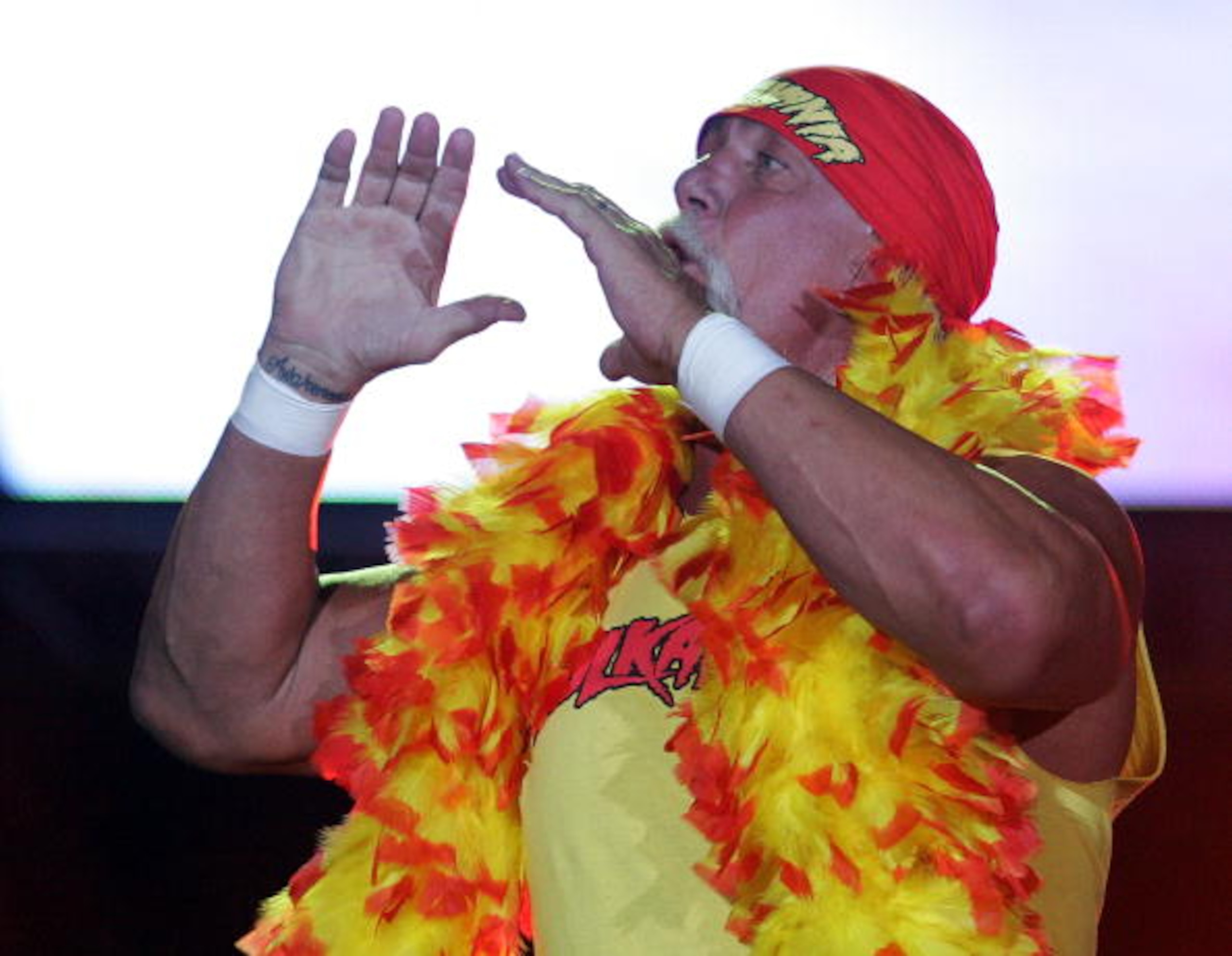 PERTH, AUSTRALIA - NOVEMBER 24:  Hulk Hogan enters the stage prior to his bout against Rick Flair during the Hulkamania Tour at the Burswood Dome on November 24, 2009 in Perth, Australia.  (Photo by Paul Kane/Getty Images)