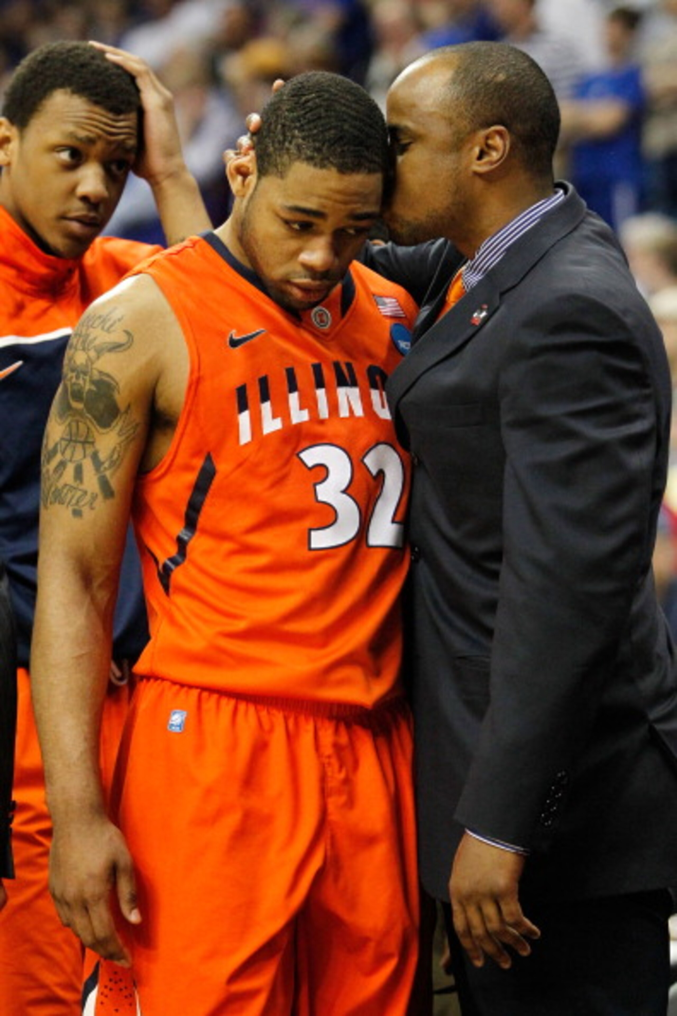 TULSA, OK - MARCH 20:  Demetri McCamey #32 of the Illinois Fighting Illini walks off the court in the final moments of their 59-73 loss to the Kansas Jayhawks during the third round of the 2011 NCAA men's basketball tournament at BOK Center on March 20, 2