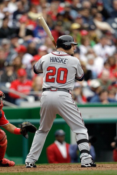 WASHINGTON, DC - APRIL 03: Eric Hinske #20 of the Atlanta Braves at the plate against the Washington Nationals at Nationals Park on April 3, 2011 in Washington, DC.  (Photo by Rob Carr/Getty Images)