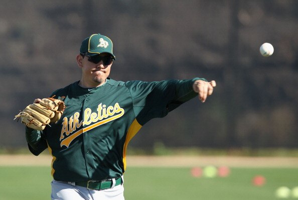 PHOENIX, AZ - FEBRUARY 16:  Pitcher Brian Fuentes #57 of the Oakland Athletics throws during a MLB spring training practice at Phoenix Municipal Stadium on February 16, 2011 in Phoenix, Arizona.  (Photo by Christian Petersen/Getty Images)