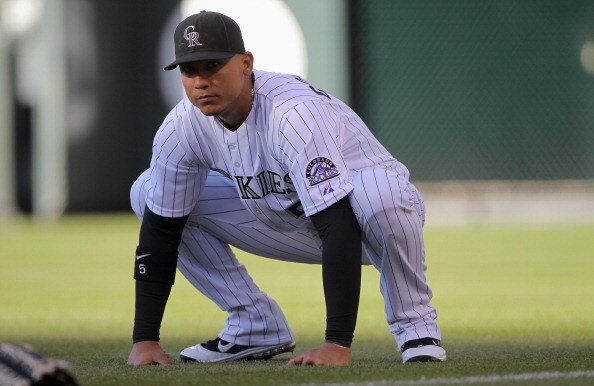 DENVER, CO - APRIL 02:  Carlos Gonzalez #5 of the Colorado Rockies stretches prior to facing the Arizona Diamondbacks at Coors Field on April 2, 2011 in Denver, Colorado.  (Photo by Doug Pensinger/Getty Images)