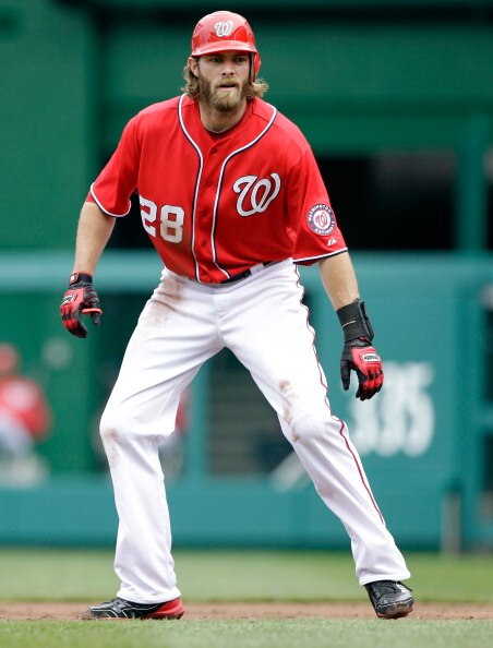WASHINGTON, DC - APRIL 03:  Jayson Werth #28 of the Washington Nationals on base against the Atlanta Braves at Nationals Park on April 3, 2011 in Washington, DC.  (Photo by Rob Carr/Getty Images)