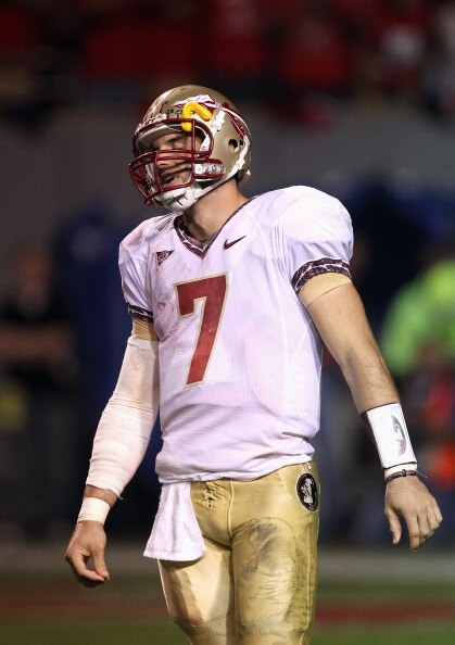 RALEIGH, NC - OCTOBER 28:  Christian Ponder #7 of the Florida State Seminoles reacts to a play against the North Carolina State Wolfpack during their game at Carter-Finley Stadium on October 28, 2010 in Raleigh, North Carolina.  (Photo by Streeter Lecka/G