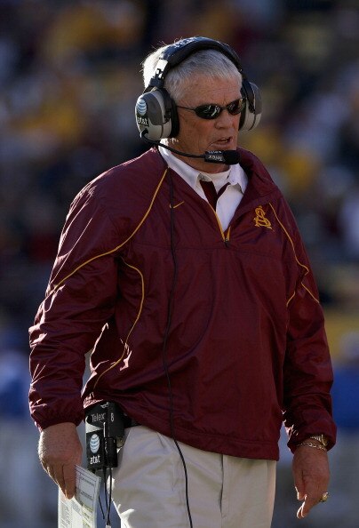 TEMPE, AZ - NOVEMBER 26:  Head coach Dennis Erickson of the Arizona State Sun Devils watches from the sidelines during the college football game against the UCLA Bruins at Sun Devil Stadium on November 26, 2010 in Tempe, Arizona.  (Photo by Christian Pete