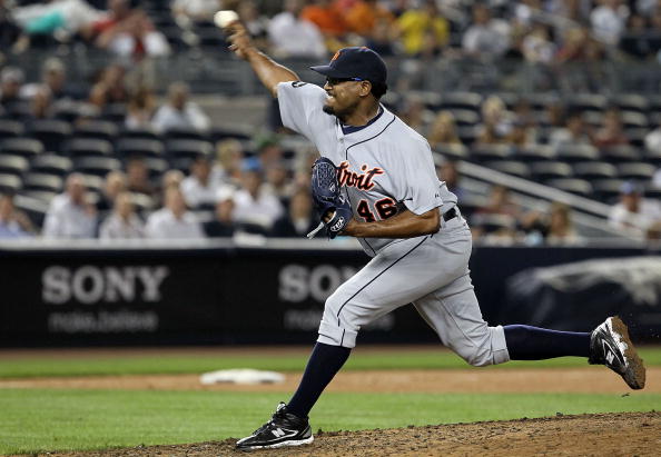 NEW YORK - AUGUST 16:  Jose Valverde #46 of the Detroit Tigers deals a pitch against the New York Yankees on August 16, 2010 at Yankee Stadium in the Bronx borough of New York City. The Tigers defeated the Yankees 3-1.  (Photo by Jim McIsaac/Getty Images)
