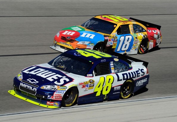 FORT WORTH, TX - NOVEMBER 07:  Jimmie Johnson, driver of the #48 Lowe's Chevrolet,  races Kyle Busch, driver of the #18 M&M's Toyota, during the NASCAR Sprint Cup Series AAA Texas 500 at Texas Motor Speedway on November 7, 2010 in Fort Worth, Texas.  (Pho