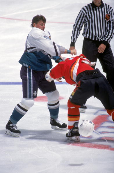 ANAHEIM, CA - OCTOBER 29:  Todd Ewen #36 of the Mighty Ducks of Anaheim and Paul Kruse #12 of the Calgary Flames exchange blows during a game at The Arrowhead Pond of Anaheim on October 29, 1995 in Anaheim, California.  The Ducks won 7-2.  (Photo by Glenn