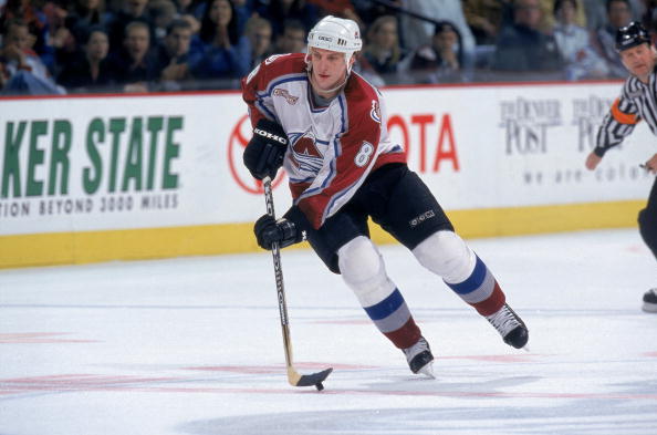 20 Feb 2000:  Sandis Ozolinsh #8 of the Colorado Avalanche moves with the puck during the game against the Dallas Stars at the Pepsi Cener in Denver, Colorado. The Stars defeated the Avalanche 2-1. Mandatory Credit: Brian Bahr  /Allsport