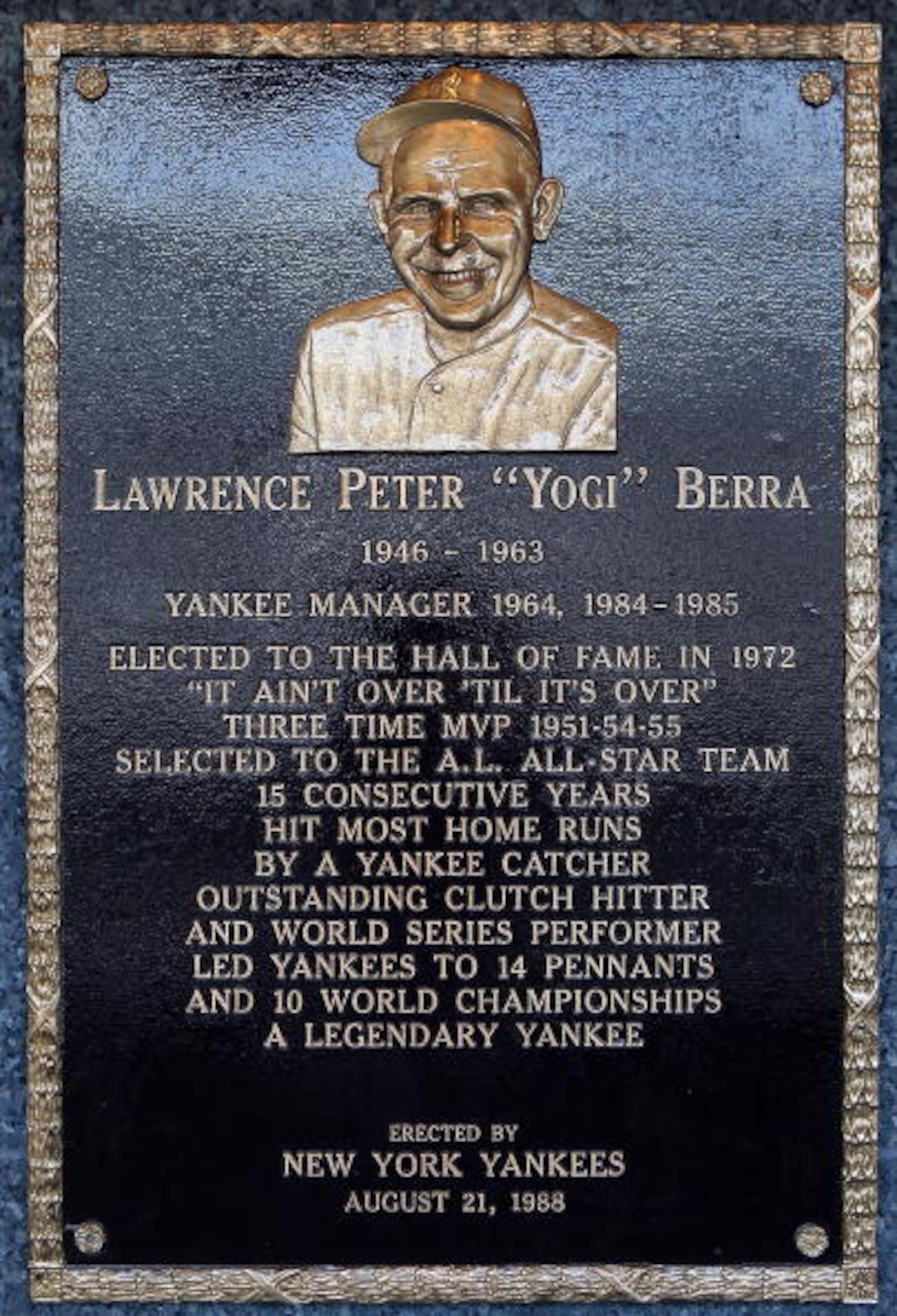 NEW YORK - MAY 02: The plaque of Yogi Berra is seen in Monument Park at Yankee Stadium prior to the game between the New York Yankees and the Chicago White Sox on May 2, 2010 in the Bronx borough of New York City. The Yankees defeated the White Sox 12-3. NEW YORK - MAY 02: The plaque of Yogi Berra is seen in Monument Park at Yankee Stadium prior to the game between the New York Yankees and the Chicago White Sox on May 2, 2010 in the Bronx borough of New York City. The Yankees defeated the White Sox 12-3.
