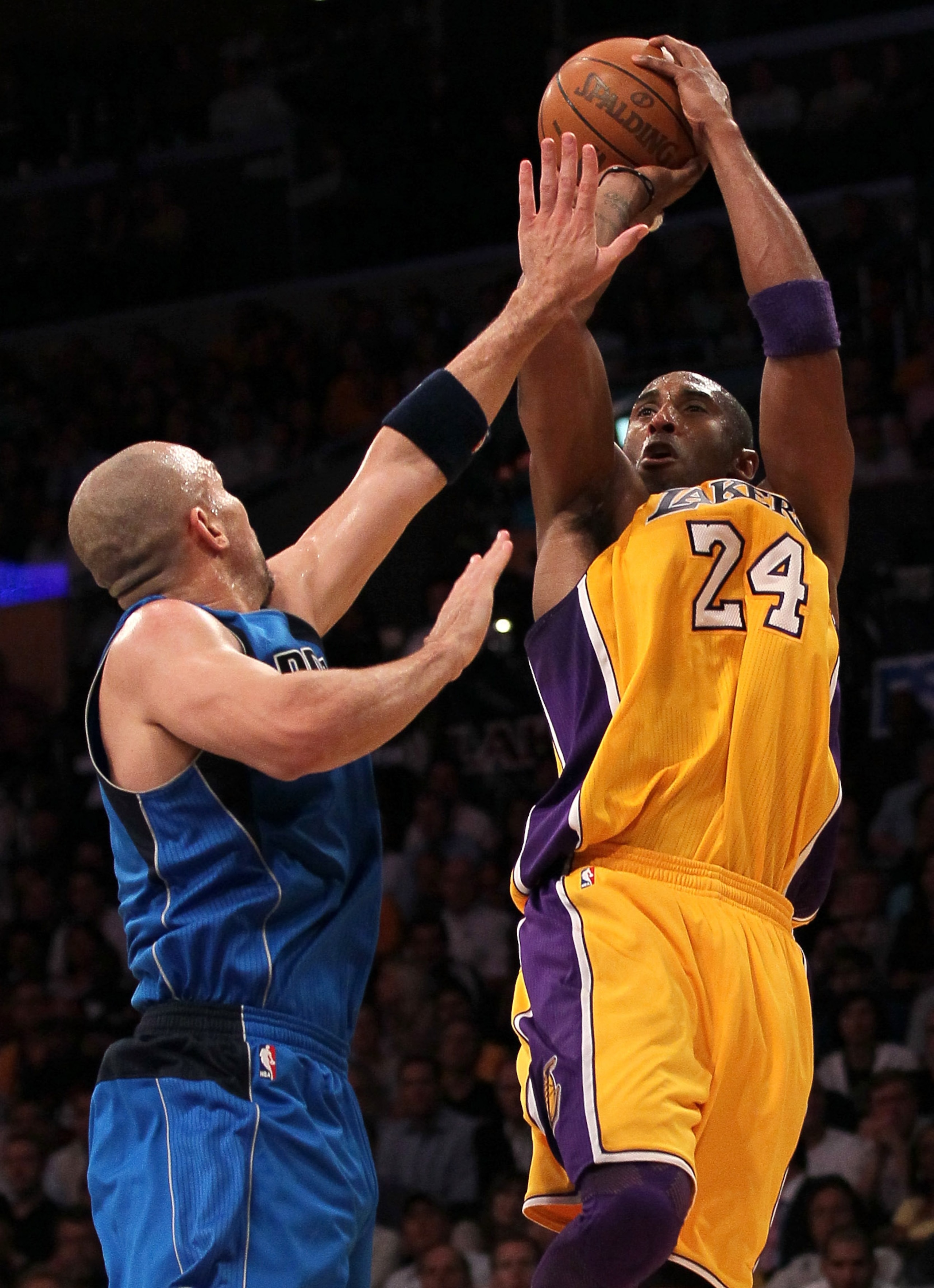 LOS ANGELES, CA - MAY 04:  Kobe Bryant #24 of the Los Angeles Lakers shoots over Jason Kidd #2 of the Dallas Mavericks in the second quarter in Game Two of the Western Conference Semifinals in the 2011 NBA Playoffs at Staples Center on May 4, 2011 in Los 