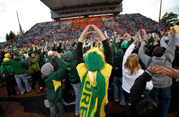 CORVALLIS, OR - DECEMBER 04:  Fans of the Oregon Ducks rush onto te field after te 37-20 victory over the Oregon State Beavers during the 114th Civil War on December 4, 2010 at the Reser Stadium in Corvallis, Oregon.  (Photo by Jonathan Ferrey/Getty Image