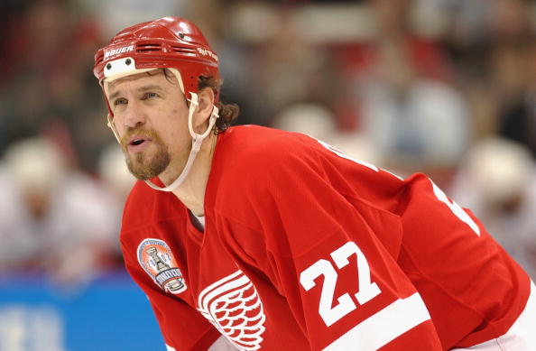 RALEIGH, NC - JUNE 8:  Defenseman Fredrik Olausson #27 of the Detroit Red Wings looks on against the Carolina Hurricanes during game three of the NHL Stanley Cup Finals at the Entertainment and Sports Arena in Raleigh, North Carolina on June 8, 2002.  The