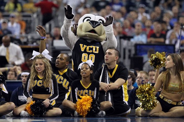 HOUSTON, TX - APRIL 02:  The Virginia Commonwealth Rams mascot and cheer team on the baseline as the Rams take on the Butler Bulldogs during the National Semifinal game of the 2011 NCAA Division I Men's Basketball Championship at Reliant Stadium on April
