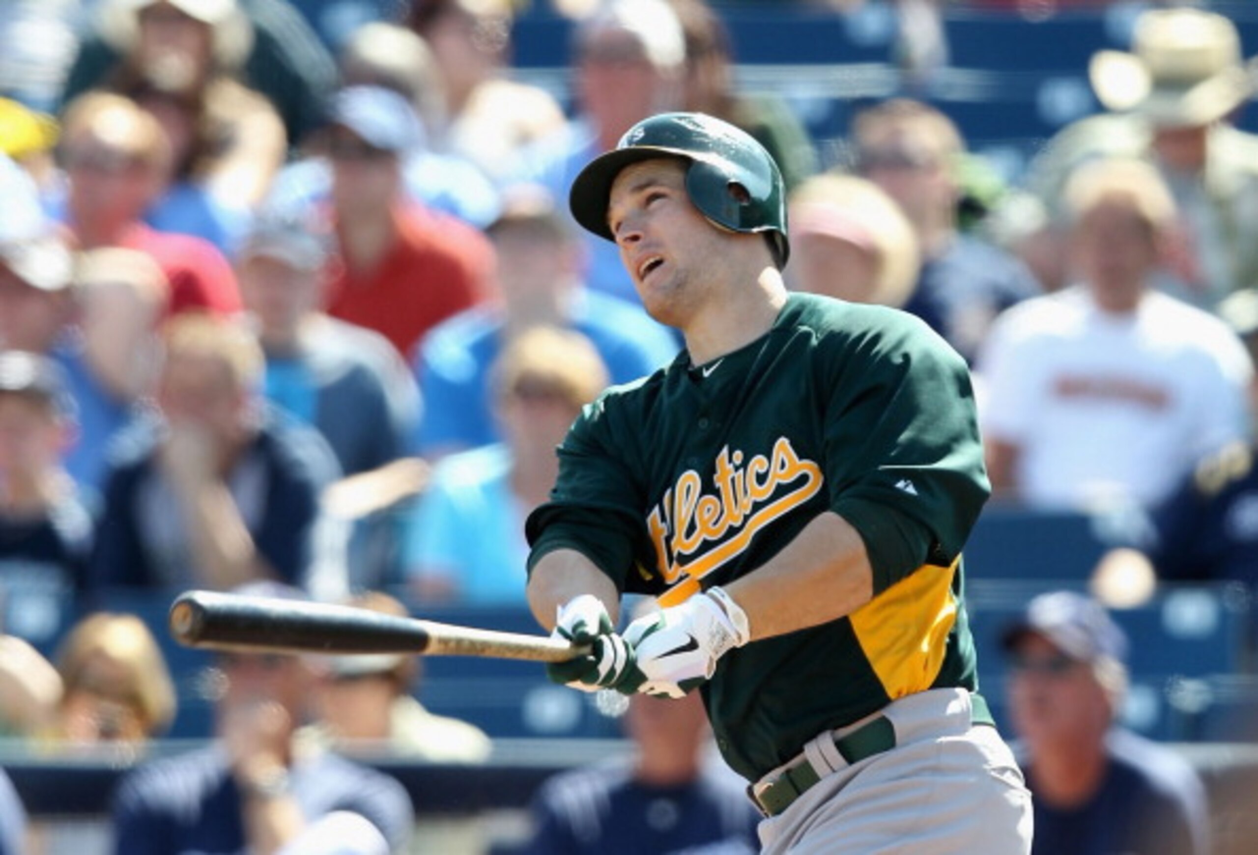 PHOENIX, AZ - MARCH 03: Josh Willingham #16 of the Oakland Athletics hits a 3 run home run against the Milwaukee Brewers during the second inning of the spring training game at Maryvale Baseball Park on March 3, 2011 in Phoenix, Arizona. (Photo by Chris PHOENIX, AZ - MARCH 03: Josh Willingham #16 of the Oakland Athletics hits a 3 run home run against the Milwaukee Brewers during the second inning of the spring training game at Maryvale Baseball Park on March 3, 2011 in Phoenix, Arizona. (Photo by Chris