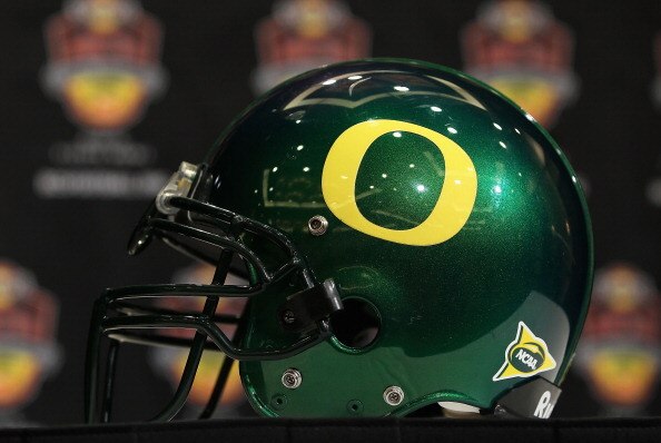 SCOTTSDALE, AZ - JANUARY 09:  A helmet for the Oregon Ducks is displayed during a press conference for the Tostitos BCS National Championship Game against the Auburn Tigers at the JW Marriott Camelback Inn on January 9, 2011 in Scottsdale, Arizona.  (Phot