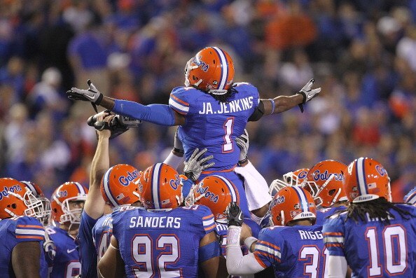 GAINESVILLE, FL - NOVEMBER 13: Janoris Jenkins #1 of the Florida Gators gets the crowd up during a game against the South Carolina Gamecocks at Ben Hill Griffin Stadium on November 13, 2010 in Gainesville, Florida.  (Photo by Mike Ehrmann/Getty Images)