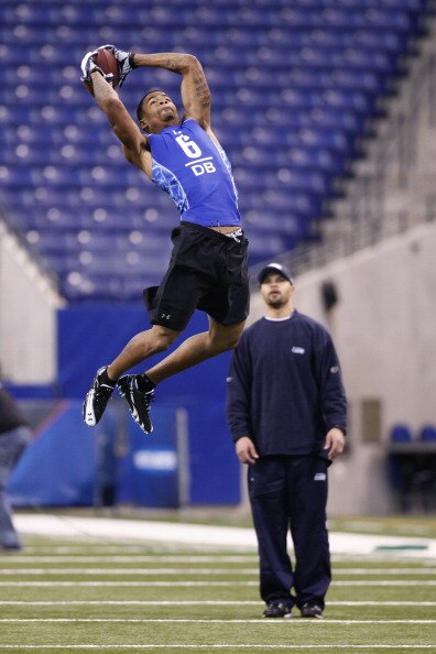 INDIANAPOLIS, IN - MARCH 1: Defensive back Curtis Brown #6 of Texas goes up for a pass during the 2011 NFL Scouting Combine at Lucas Oil Stadium on February 28, 2011 in Indianapolis, Indiana. (Photo by Joe Robbins/Getty Images)