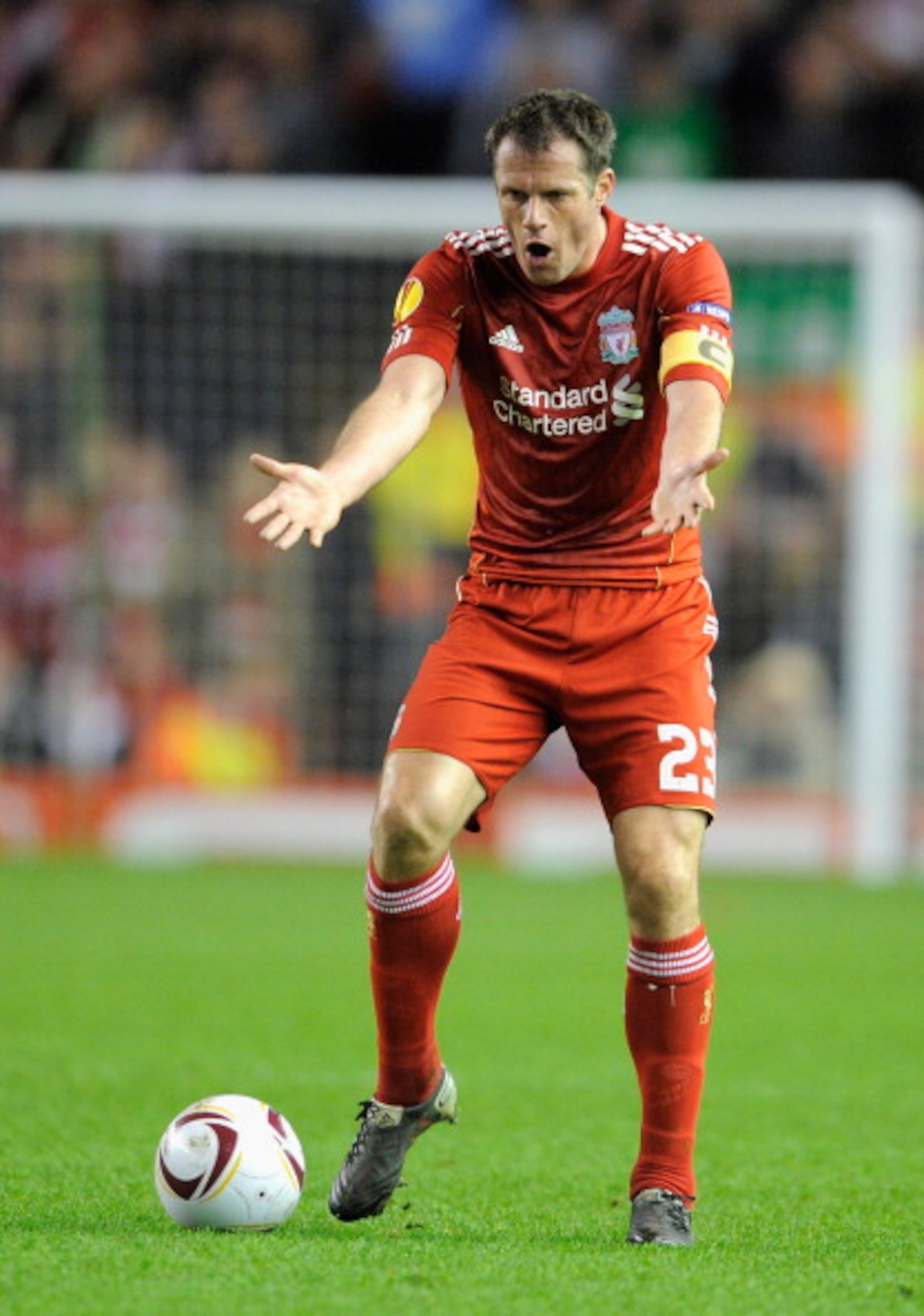 LIVERPOOL, ENGLAND - MARCH 17:  Jamie Carragher of Liverpool reacts during the UEFA Europa League Round of 16 second leg match between Liverpool and SC Braga at Anfield on March 17, 2011 in Liverpool, England.  (Photo by Michael Regan/Getty Images)