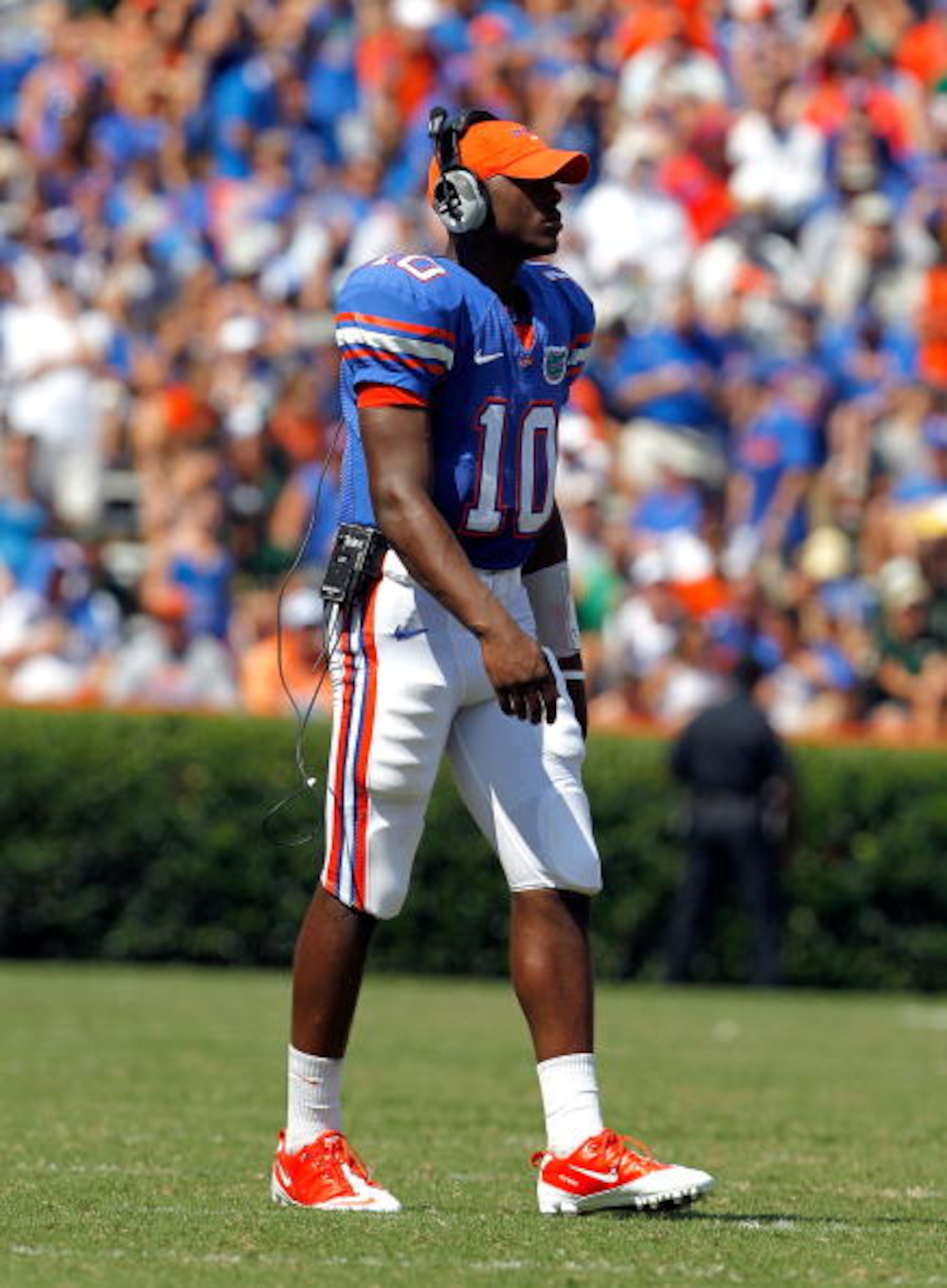 GAINESVILLE, FL - SEPTEMBER 11:  Quarterback Tyler Murphy #10 of the Florida Gators walks on the field during a game against the South Florida Bulls at Ben Hill Griffin Stadium on September 11, 2010 in Gainesville, Florida.  (Photo by Sam Greenwood/Getty