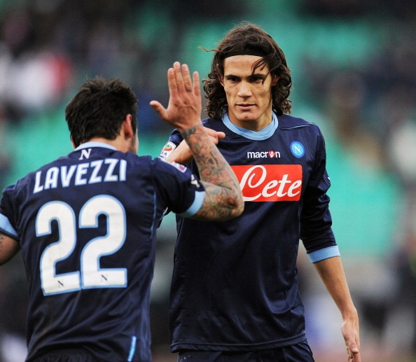 BARI, ITALY - JANUARY 23:  Edinson Cavani (R) and team-mate Ezequiel Lavezzi of Napoli celebrate the second goal of the match during the Serie A match between Bari and Napoli at Stadio San Nicola on January 23, 2011 in Bari, Italy.  (Photo by Giuseppe Bel
