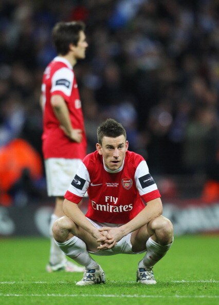 LONDON, ENGLAND - FEBRUARY 27:  Laurent Koscielny of Arsenal looks dejected after the Carling Cup Final between Arsenal and Birmingham City at Wembley Stadium on February 27, 2011 in London, England.  (Photo by Alex Livesey/Getty Images)
