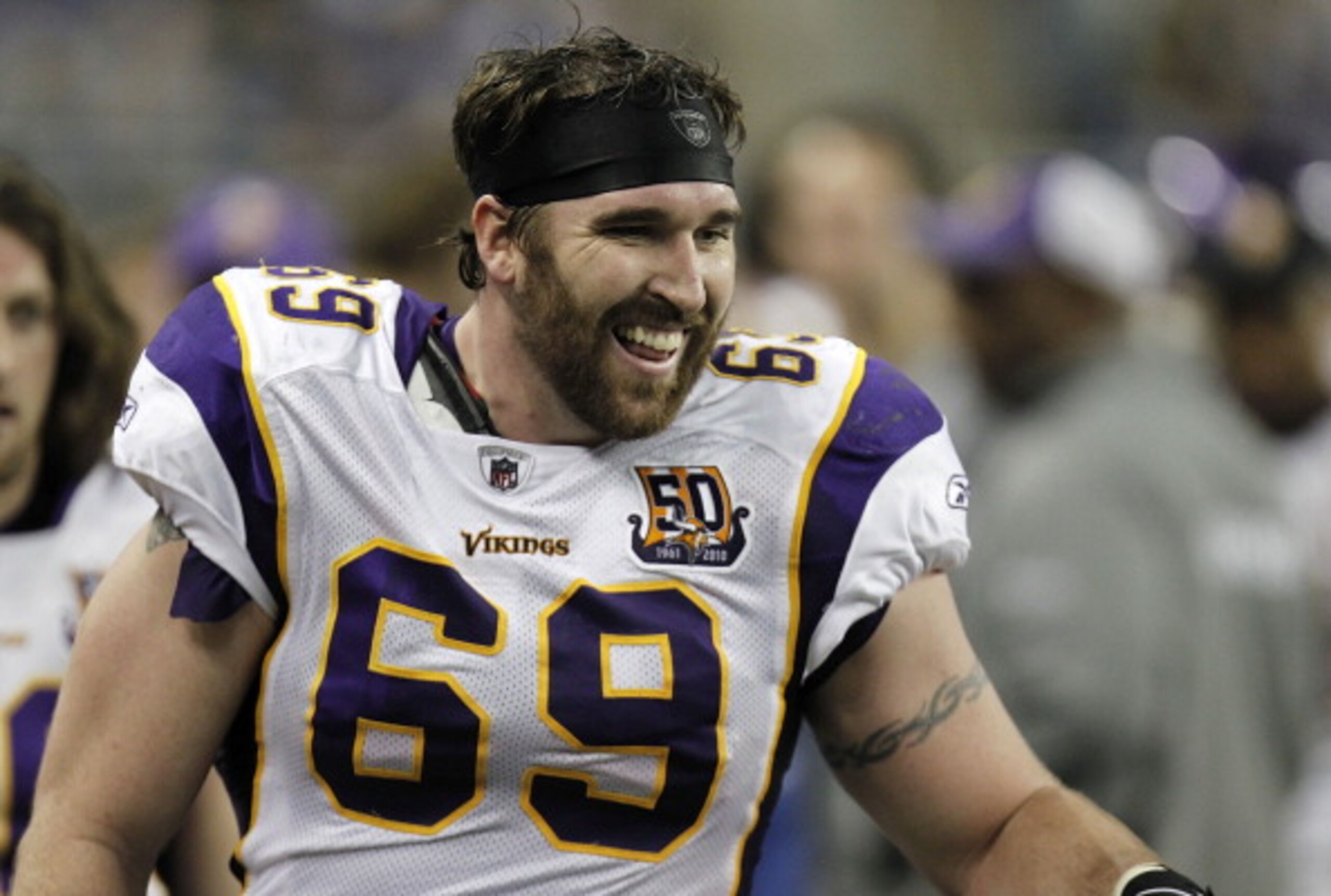 DETROIT, MI - JANUARY 02: Jared Allen #69 of the Minnesota Vikings smiles on the bench after returning an interception for a touchdown while playing the Detroit Lions at Ford Field on January 2, 2011 in Detroit, Michigan. Detroit won the game 20-13. (Ph DETROIT, MI - JANUARY 02: Jared Allen #69 of the Minnesota Vikings smiles on the bench after returning an interception for a touchdown while playing the Detroit Lions at Ford Field on January 2, 2011 in Detroit, Michigan. Detroit won the game 20-13. (Ph