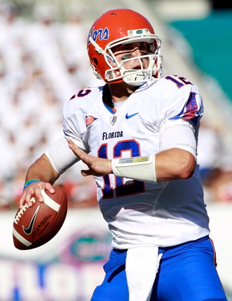 JACKSONVILLE, FL - OCTOBER 30:  Quarterback John Brantley #12 of the Florida Gators attempts a pass during the game against the Georgia Bulldogs at EverBank Field on October 30, 2010 in Jacksonville, Florida.  (Photo by Sam Greenwood/Getty Images)