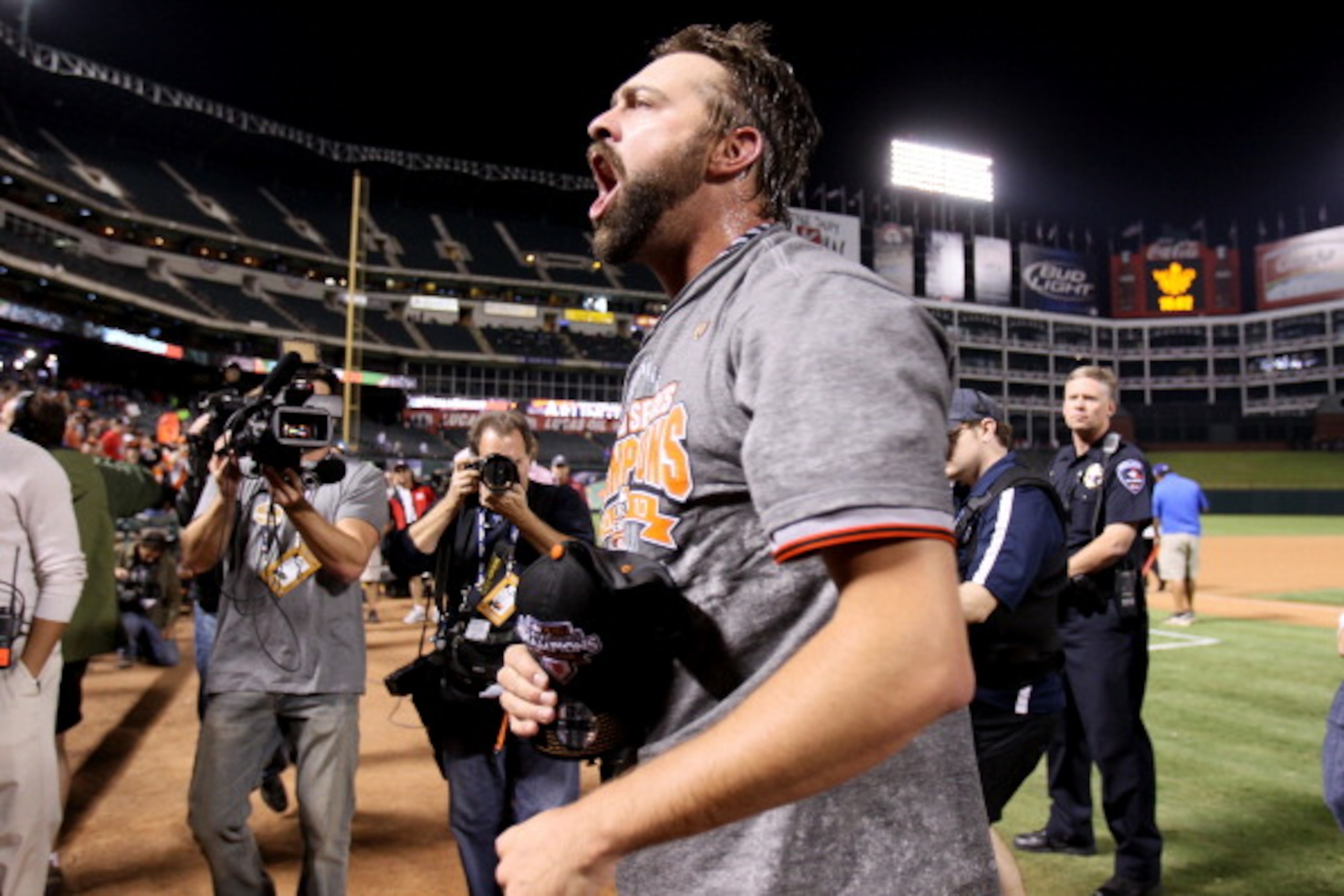 ARLINGTON, TX - NOVEMBER 01: Pitcher Jeremy Affeldt #41 of the San Francisco Giants celebrates on the field after they won 3-1 against the Texas Rangers in Game Five of the 2010 MLB World Series at Rangers Ballpark in Arlington on November 1, 2010 in Arli